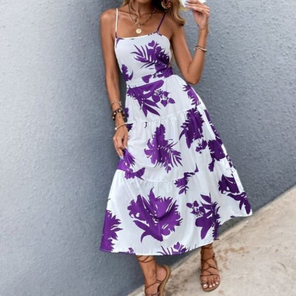 Boho purple white floral tropical print tie back maxi dress - Picture 3 of 7